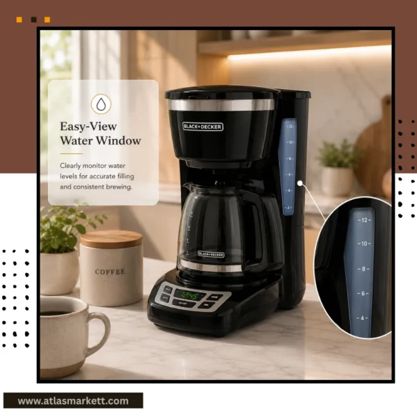 Home coffee station featuring a programmable drip coffee maker with glass carafe