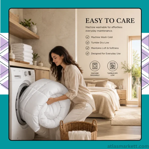 Machine washable white comforter with durable polyester shell and filling