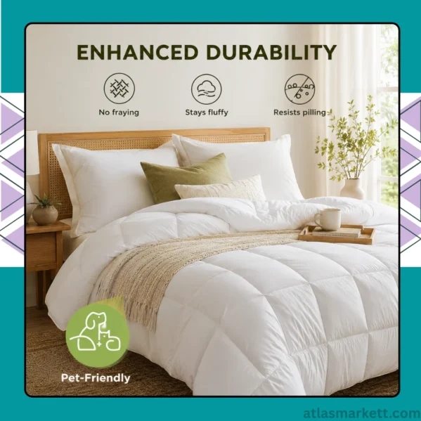 White Queen all season comforter with quilted box stitch design on bed