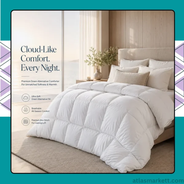 White down alternative Queen comforter with clean solid design and cozy bedding style