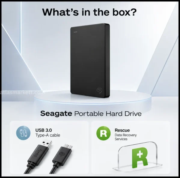 2TB portable hard drive shown with its USB 3.0 cable connection