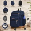 Blue 34L laptop backpack showing 15-inch laptop sleeve two main compartments padded back panel and bottle pocket