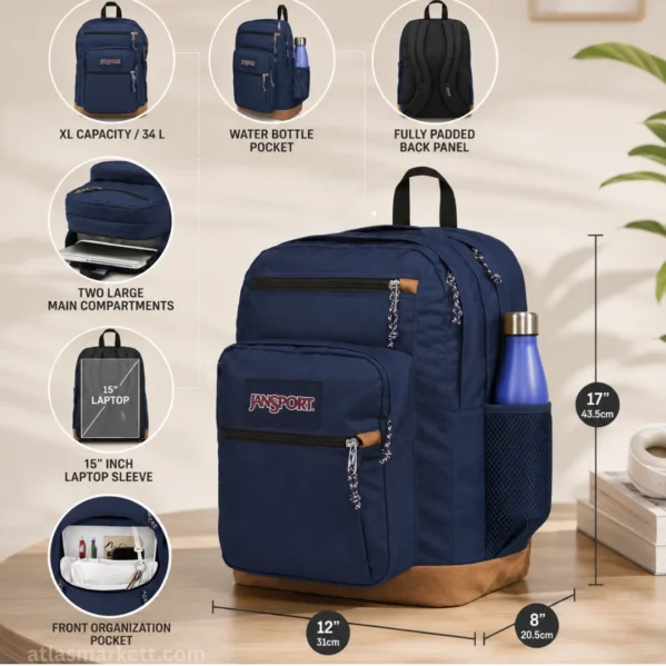Blue 34L laptop backpack showing 15-inch laptop sleeve two main compartments padded back panel and bottle pocket