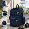 Navy blue 34L backpack with 15-inch padded laptop sleeve, water bottle pocket, and padded back panel