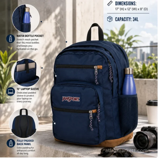 Navy blue 34L backpack with 15-inch padded laptop sleeve, water bottle pocket, and padded back panel
