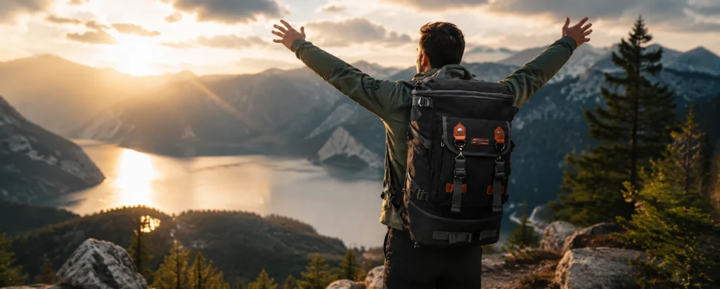 40L travel backpack worn by a traveler overlooking a mountain lake at sunset
