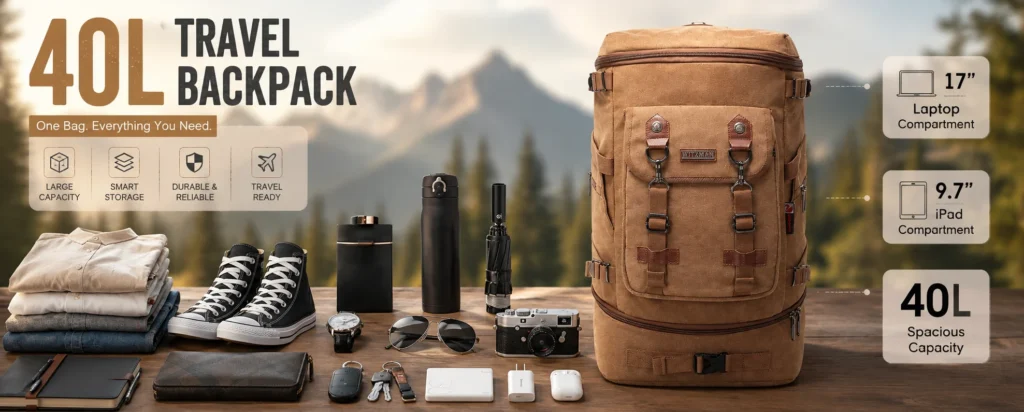 40L brown canvas travel backpack with laptop compartment and space for clothes shoes and travel essentials