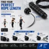 Adjustable jump rope showing rope length settings for different heights and a four-step length adjustment process