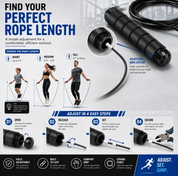 Adjustable jump rope showing rope length settings for different heights and a four-step length adjustment process
