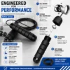 Adjustable jump rope showing ball bearing rotation, rope length adjuster, foam handle, and durable steel cable