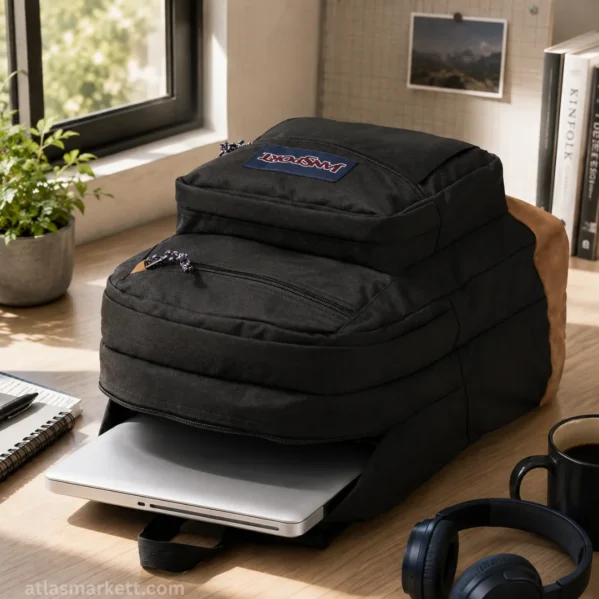 Black 34L laptop backpack with multiple compartments and laptop shown on a desk