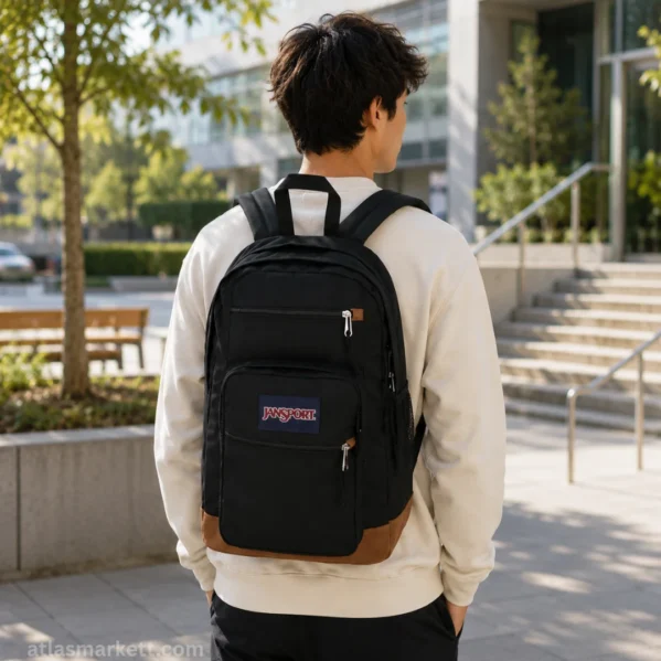Person wearing a black laptop backpack while walking outdoors on a campus