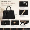 Black leather laptop tote bag highlighting rear zip pocket, smooth gold zipper, sturdy handles, metal feet, detachable key leash, and premium business handbag construction.
