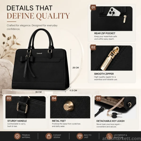 Black leather laptop tote bag highlighting rear zip pocket, smooth gold zipper, sturdy handles, metal feet, detachable key leash, and premium business handbag construction.