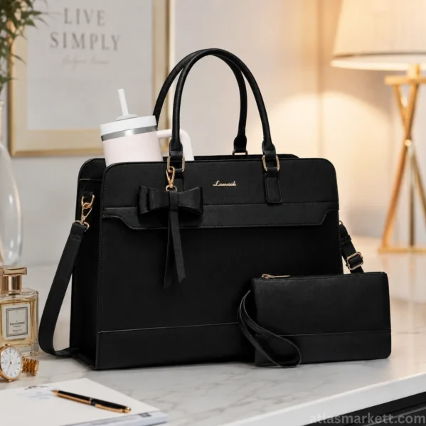 Black leather laptop tote bag for women with a matching wristlet pouch, large tumbler, and adjustable shoulder strap displayed on a modern office desk.
