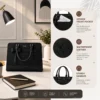 Black PU leather laptop tote bag showcasing hidden front pocket, waterproof scratch-resistant material, sturdy top handles, and modern office-ready design with organized storage features.