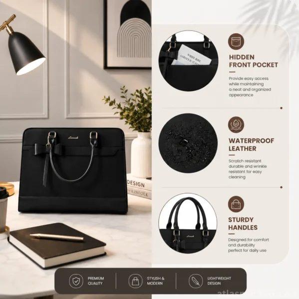 Black PU leather laptop tote bag showcasing hidden front pocket, waterproof scratch-resistant material, sturdy top handles, and modern office-ready design with organized storage features.