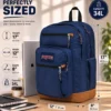 Blue 34L laptop backpack showing 17-inch height 12-inch width and 8-inch depth