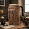 Brown vintage canvas travel backpack with multiple compartments and padded shoulder straps