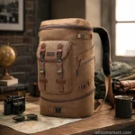 Brown vintage canvas travel backpack with multiple compartments and padded shoulder straps