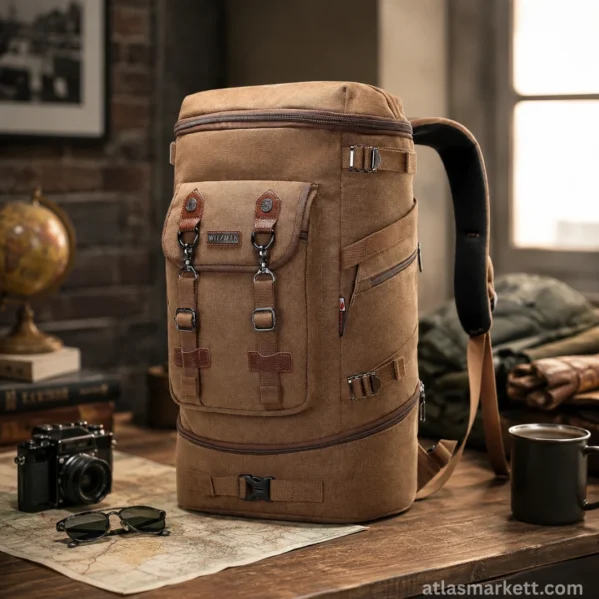 Brown vintage canvas travel backpack with multiple compartments and padded shoulder straps
