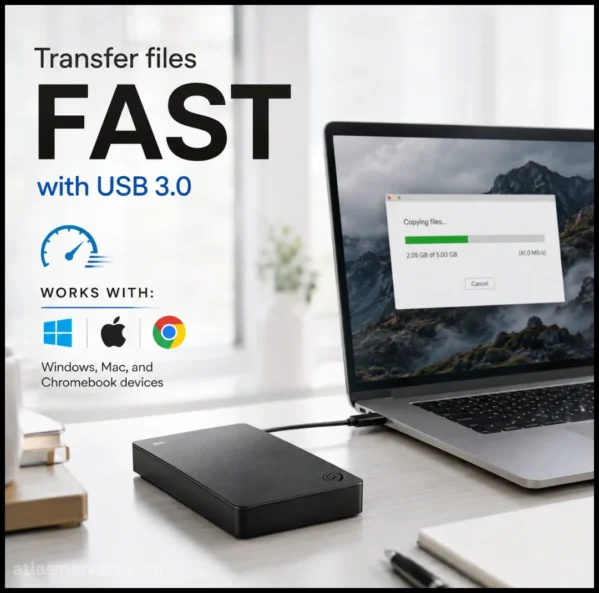 Compact 2TB external hard drive for compatible PC and Mac computers