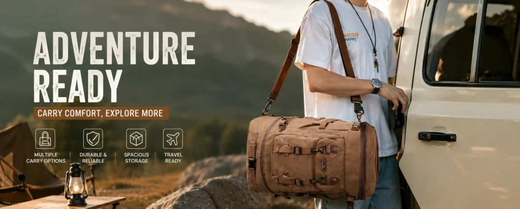 Brown canvas travel bag carried as a duffel beside a vehicle during an outdoor trip