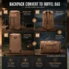 Brown canvas travel backpack showing how it converts into a duffel bag with hidden shoulder straps