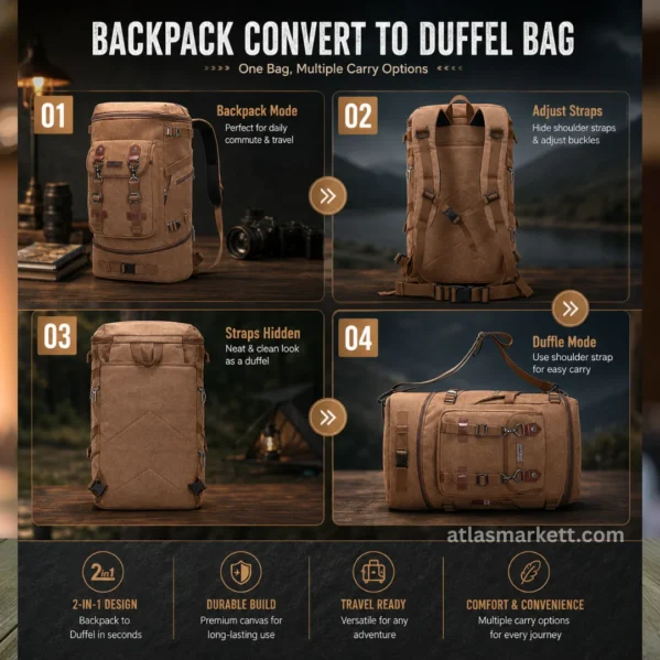 Brown canvas travel backpack showing how it converts into a duffel bag with hidden shoulder straps
