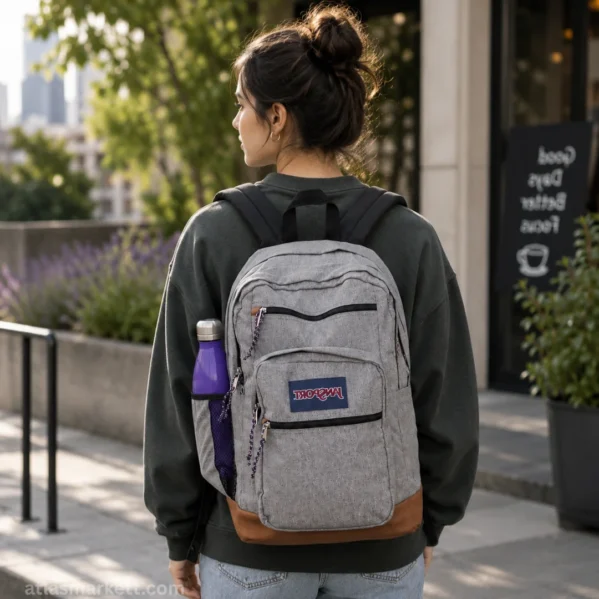 Gray laptop backpack with brown base and side water bottle pocket worn outdoors