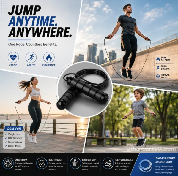 Adjustable jump rope shown for men, women, and kids with cardio, agility, and endurance workout uses