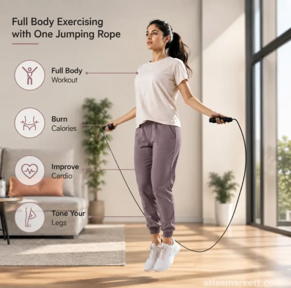Adjustable jump rope used for home cardio and full body exercise workout