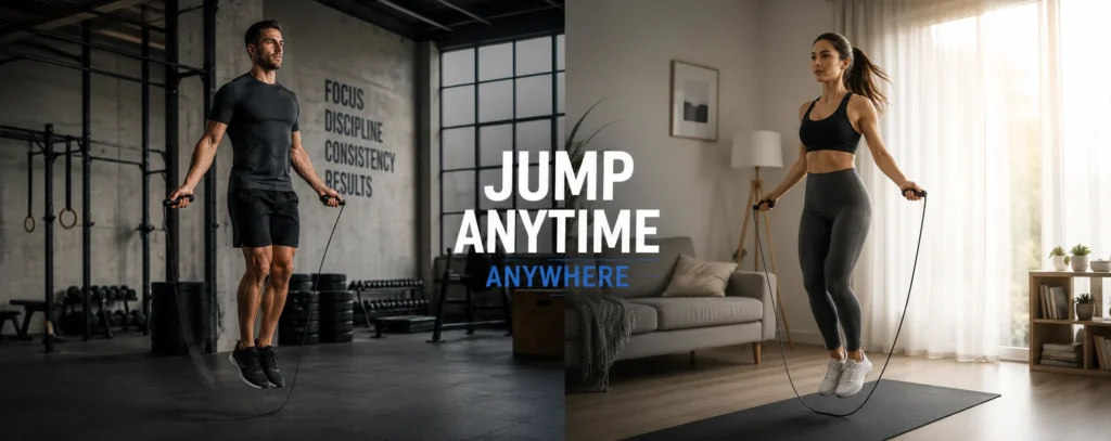 Jump rope being used for fitness workouts in a home and gym setting