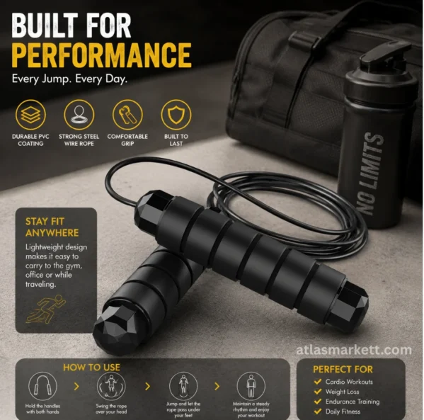 Adjustable jump rope with PVC coated steel cable and comfortable foam handles for cardio and fitness workouts