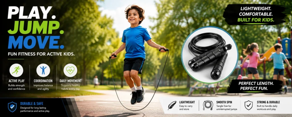 Child using a lightweight jump rope outdoors for active play, coordination, and daily exercise
