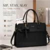 Black leather laptop tote bag for women featuring a built-in tumbler holder, adjustable shoulder strap, and spacious design for office, commuting, and everyday work use.