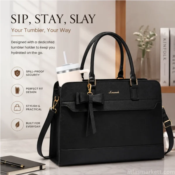 Black leather laptop tote bag for women featuring a built-in tumbler holder, adjustable shoulder strap, and spacious design for office, commuting, and everyday work use.
