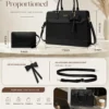 Lovevook black 15.6-inch laptop tote bag with size dimensions, detachable bow accessory, adjustable shoulder strap, matching wristlet pouch, and everyday office, travel, shopping, and business use features.