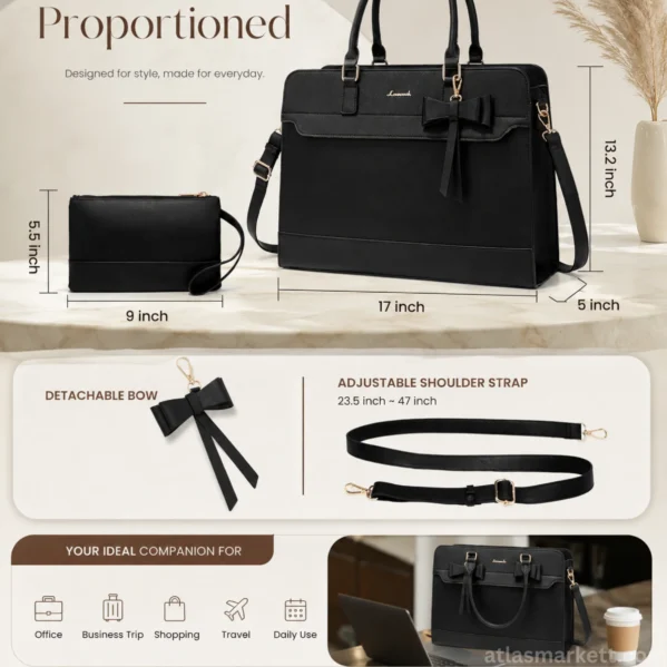 Lovevook black 15.6-inch laptop tote bag with size dimensions, detachable bow accessory, adjustable shoulder strap, matching wristlet pouch, and everyday office, travel, shopping, and business use features.