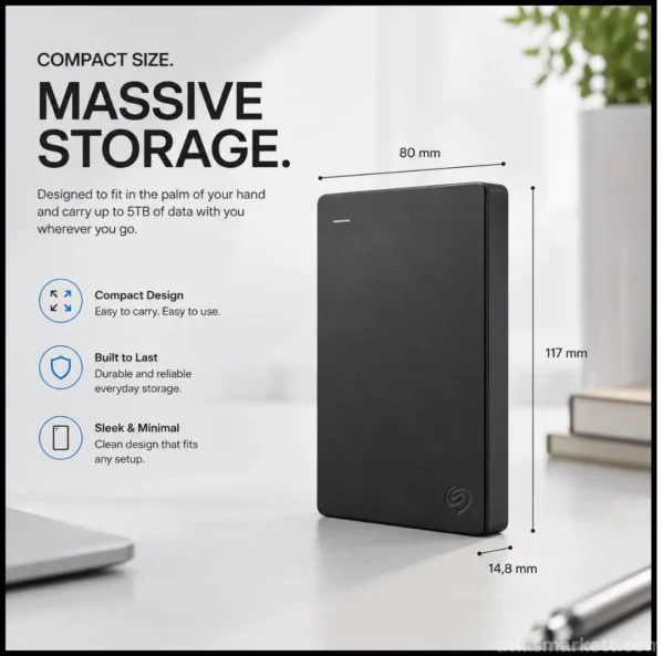 Compact black 2TB external HDD with a slim portable design