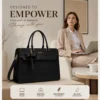 Black leather laptop tote bag for women displayed in a modern office with a professional woman using a laptop, highlighting work-ready everyday functionality.