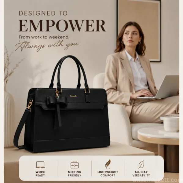 Black leather laptop tote bag for women displayed in a modern office with a professional woman using a laptop, highlighting work-ready everyday functionality.