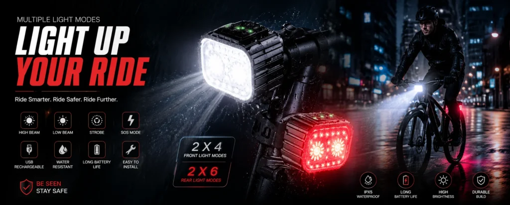 Rechargeable front and rear bike lights with multiple modes shown on a bicycle during rainy night riding