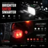 Rechargeable bike lights set showing front and rear lights with multiple brightness and flashing modes for night riding
