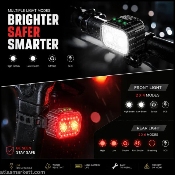 Rechargeable bike lights set showing front and rear lights with multiple brightness and flashing modes for night riding