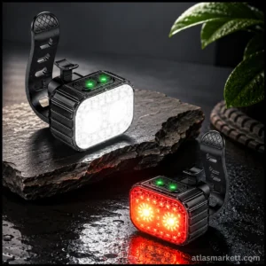 Rechargeable front and rear bike lights set with adjustable mounts showing bright white and red LED lights