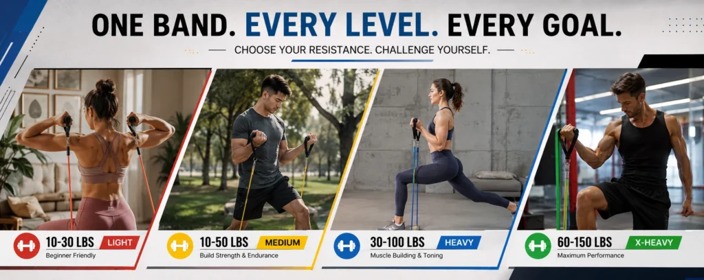 Resistance bands used for home, gym and outdoor workouts with different exercise positions