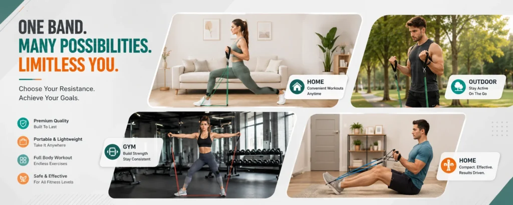 Resistance bands for different fitness levels with light, medium, heavy and extra-heavy resistance options