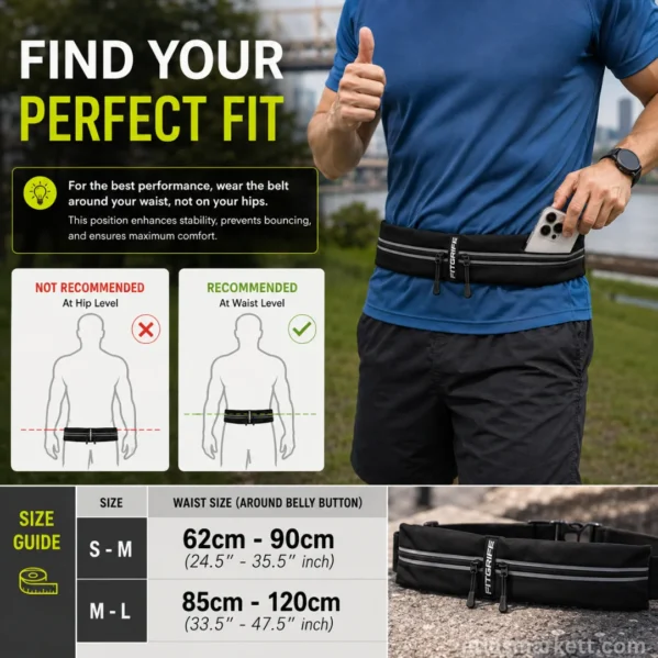 Running belt size guide showing proper waist placement and S-M and M-L waist measurements