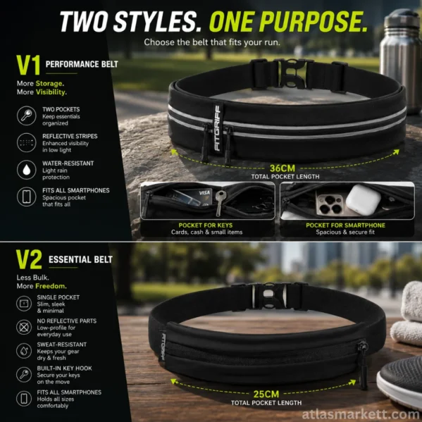 Running belt comparison showing two styles with different pocket sizes, smartphone storage, reflective details, and key storage